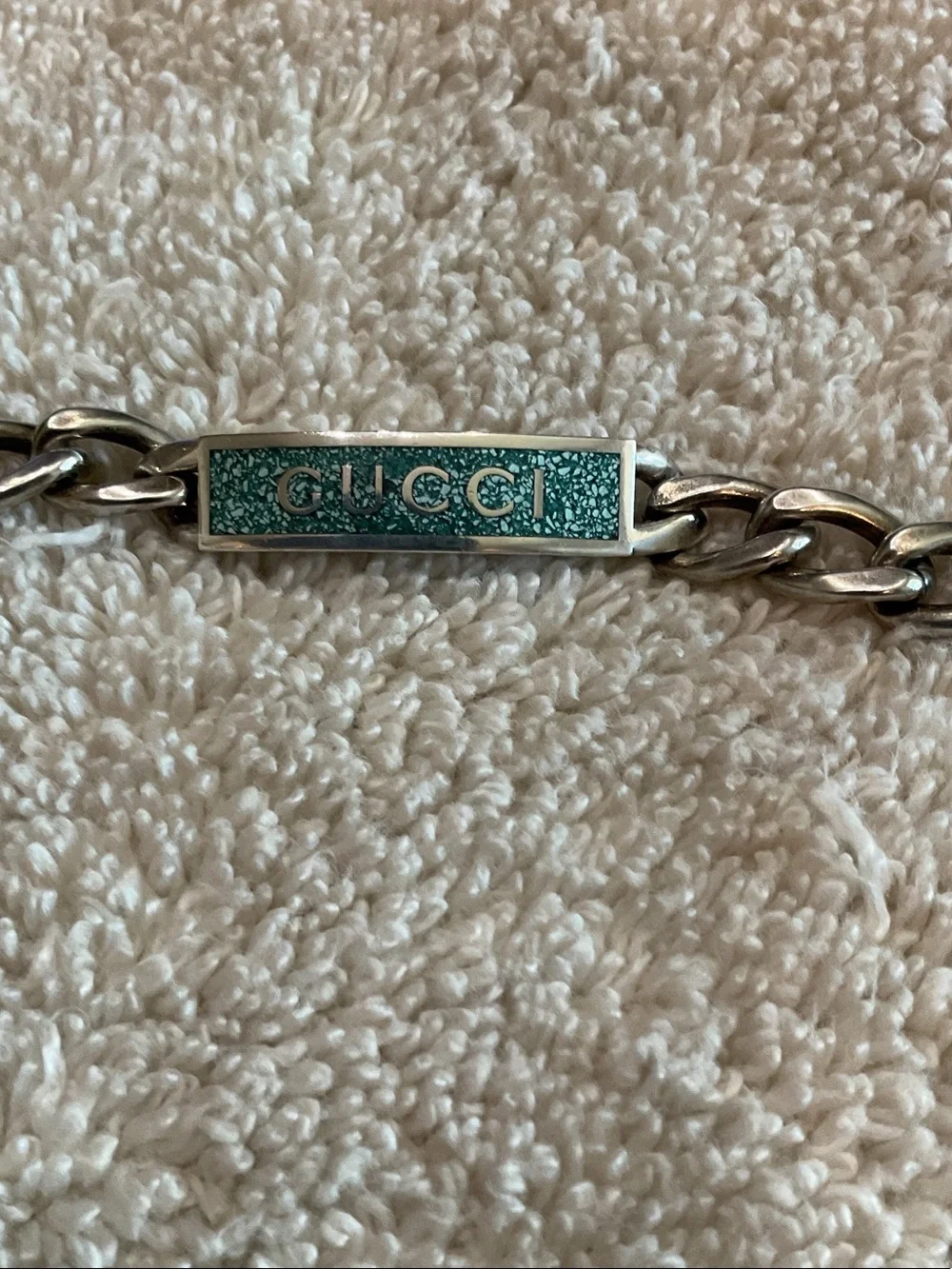 Gucci Silver Chain Bracelet with Teal Sparkle Plate